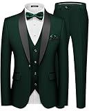 MAGE MALE Men's Slim Fit 3 Piece Suit One Button Solid Shawl Lapel Blazer Jacket Vest Pants Set with Tie Pocket Square Dark Green