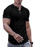 JMIERR Mens Muscle Slim Fit Button Henley Shirts Summer Crewneck Short Sleeve Longline Fitted T-Shirt Gym Workout Athletic Tees Shirt for Men, L, Black