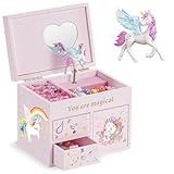 Lolalet Wooden Jewelry Box with Unicorn for Girls, Musical Children's Jewelry Organizer, Gift for Toddler Age 2 3 4 5 6 7 8 9 on Birthday -Pink