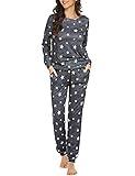 Ekouaer Womens Pajama Set Long Sleeve Sleepwear Star Print Cotton Nightwear Soft Pjs Lounge Sets with Pockets dark Grey White Star Small