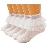 Xiyadun 5 Pairs Toddler Baby & Child Girls Ruffle Lace Ankle Cotton Dress Socks (M for 3-6 Years, White- Double Lace Trim)