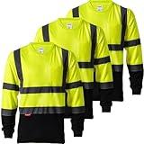 ProtectX 3-Pack Men's High Visibility Heavy Duty Breathable Long Sleeve Reflective Safety T-Shirts for Work Warehouse Construction, Class 2 Type R, Green - X Large