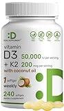 DEAL SUPPLEMENT Vitamin D3 50,000 IU + K2 MK7 200 mcg,240 Softgels | Virgin Coconut Oil, Max Strength Vitamin D & K, Promotes Heart, Bone, & Teeth Health – One Softgel Weekly, Easy to Swallow