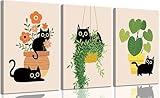 Boho Black Cat Botanical Canvas Wall Art Funny Cute Animal Picture Wall Decor Green Leaves Plants Minimalist Aesthetic Animal Poster Print Artwork for Living Room Bedroom Office Home Decoration