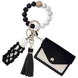 BIHRTC Keyring Wallet Keychain Silicone Beads Bracelet Wristlet with Hand-knitted Net Chapstick Holder Bag PU leather Tassel for Women and Girls House Car Keys Ring Holder Bangle