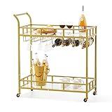 VEVOR Bar Cart Gold, 2 Tiers Home Bar Serving Cart on Lockable Wheels, Rolling Alcohol Cart with Tempered Glass Shelves Guardrail Wine Rack, Modern Wine Cart for Home Kitchen Dining and Living Room