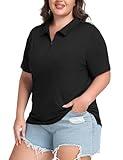 MoFiz Women's Plus-Size Activewear Polo Short Sleeve Golf Shirts Loose fit Oversized Zip-Up Running T Shirt Breathable for Summer Black 2XL