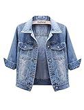 Unilexi Women's 3/4 Sleeve Colored Cropped Denim Jacket Light Wash Short Jean Jacket Trucker Coat(0096-LightBlue-L)
