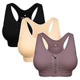 Women's Zip Front Sports Bra Wireless Post-Surgery Bra Front Zipper Surgical Sports Bras Racerback Yoga Bra Workout Running Fitness Compression Bras 3 Pack (Large, 3 Pack(Black+Flesh+Light Purple))
