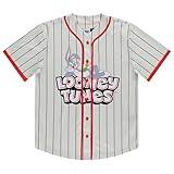 Looney Tunes Mens Baseball Jersey - Lola Bunny, Tweety, Bugs and Taz Mesh Button Down Baseball Jersey (Silver, Large)