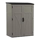 Suncast 54 Cubic Ft. Vertical Resin Outdoor Storage Shed with Lockable Double Doors, Weather-Resistant Multi-Wall Panels, Customizable Shelving, Stoney