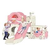 NYEEKOY 10 in 1 Toddler Slide, Bus-Themed Kids Slide and Climber Playset with Basketball Hoop, Ring-Toss, Car Playhouse, Telescope, Freestanding Indoor and Outdoor Playground for Baby Age 1-8