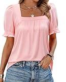 siliteelon Womens Summer Tops Pleated Square Neck Ruffle Puff Short Sleeve Blouse Cute Casual Vacation Outfits 2026 Pink XL