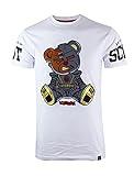 SCREENSHOT-S1156 Mens Hip-Hop Premium Fashion Tee - Cyborg Cartoon Teddy Bear Patch Embroidery Chain Stitch Gel Print T-Shirt-White-2Xlarge