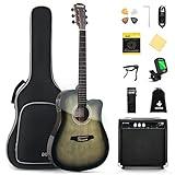 Donner Acoustic Electric Guitar Full Size Kit for Beginner Intermediate with Amplifier Capo Pick Tuner Strings Strap - 41 Inch