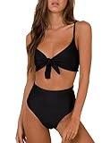 Blooming Jelly Womens High Waisted Bikini Set Tie Knot High Rise Two Piece Swimsuits Bathing Suits (Medium, Black)