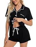 SWOMOG Womens Button Down Pajamas Set Short Sleeve Sleepwear Bride Soft Pj Lounge Sets XS-3XL Black Medium