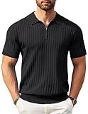 COOFANDY Men's Zipper Polo Shirts Short Sleeve Ribbed Knit Polo T Shirts Fashion Casual Golf Shirts Black