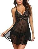 Avidlove Lingerie for Women Lace Babydoll Halter Chemise V Neck Nightgown Sexy Sleepwear Nightdress Black