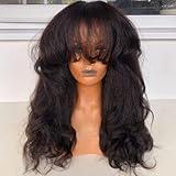 JZhair 200 Density Yaki Wavy Wigs Brazilian Human Hair Scalp Top Full Machine Made Wig Yaki Wavy With Bangs Remy Human Hair For Women Natural Color 16 Inch