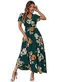 Simplee Women Casual Boho Floral Maxi Dress Flowy Long Wedding Guest Dress Holiday Beach V Neck Short Sleeve Maternity Dress (L Emerald Green)