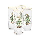 Spode Christmas Tree 15oz Highball Glasses, Set of 4 - Gold-Rimmed Elegant Holiday-Themed Glassware, Festive Holiday Drinkware for Christmas Parties, New Year’s Toasts & Festive Occasions