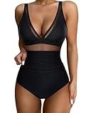 SUUKSESS Women Slimming Tummy Control One Piece Swimsuits Sexy Mesh High Waisted Monokini Bathing Suits (Black, M)