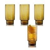 Qualia Carousel Amber Highball Glasses Set of 4 Ribbed Glass Cups 19 oz Fluted Cocktail Glasses Lead-Free Amber Glassware, Yellow Cup, Dishwasher Safe Drinking Glasses, House Warming Gifts