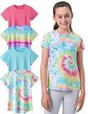 4 Pack: Youth Girls Athletic Shirts, Short Sleeve Dry Fit Apparel Tech Tshirts, Sports Activewear for Kids Teens (Set 6, Large)