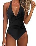 SUUKSESS Women Sexy Tummy Control One Piece Swimsuits Halter Push Up Monokini Bathing Suits (Black, L)