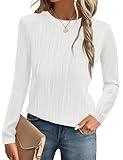 Micoson Long Sleeve Shirt for Women Trendy Textured Tops Casual Crewneck Plain T-shirt Business Fall Tunics (White, XL)