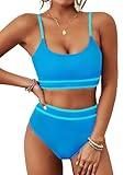 BMJL Women's High Waisted Bikini Ribbed Two Piece Swimsuit High Cut Color Block Adjustable Straps Bathing Suit(L,Blue)