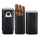 COOL KNIGHT Leather Cigar Case - Cedar Wood Lining Travel Humidors for Cigars - Cigar Accessories Include Stainless Steel Cigar Cutter - Cigar Gift Box for Cigar Lovers (Black)