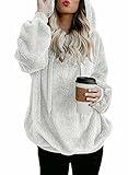 Dokotoo Womens Fashion Winter Cozy Soft Warm Fuzzy Casual Loose Sweater Sweatshirt Hooded Fleece Sherpa Pullover Sweater with Pockets White Medium