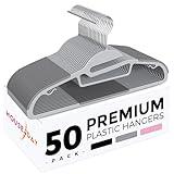 HOUSE DAY Grey Plastic Hangers 50 Pack, Slim Clothes Hangers Space Saving, Non Slip Hangers with Rubber Pads, Sturdy Coat Hangers for Closet, S-Shaped Hangers for Shirt, Suit, Pant, Skirt