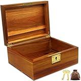 Wooden Box Decorative Large Acacia Wooden Storage Box with Hinged Lid and Locking Key Premium Keepsake Stash Box Lockable Chest for Keepsakes, Valuables, Accessories, Treasured Items(Lock No Grid)