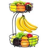 Bextsrack 2-Tier Countertop Fruit Basket Bowl with Banana Hanger, Metal Wire Fruits Stand Holder Storage Organizer for Kitchen, Black