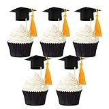 Gyufise 24Pcs Graduation Cap Cupcake Toppers with Gold Tassel DIY Congrats Grad Cupcake Picks for Graduation Theme Party Supplies