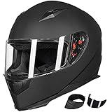 ILM Full Face Motorcycle Street Bike Helmet with Removable Winter Neck Scarf + 2 Visors DOT Model-JK313 (L, Matte Black)