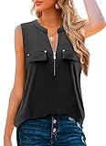Bulotus Long Tank Tops for Women, Sleeveless Blouses for Women's V-Neck Business Casual Tunic Tank Tops to Wear with Leggings Zipper Work Shirt, Black, Medium