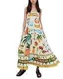 TOOPYNOI Women's Summer Spaghetti Strap Boho Sundress 2025 Square Neck Smocked Flowy Swing Beach Maxi Dress Casual Vacation Holiday Graffiti Long Dress(Paradiso, Medium)