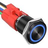APIELE 16mm Latching Push Button Switch 12V DC On Off Black Shell with LED Angel Eye Head for 0.63" Mounting Hole with Wire Socket Plug Self-Locking (Blue/Black Shell)