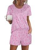 Ekouaer Women's Pajama Sets Short Sleeve Pjs 2 Piece Top and Shorts Sleepwear Comfy Soft Lounge Sets with Pockets Pink Floral Print X-Large