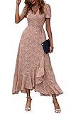 PRETTYGARDEN Women's Summer Wrap Maxi Dress Casual Boho Floral V Neck Short Sleeve Ruffle Hem Split Beach Long Dresses (Brown,Large)