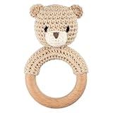 Joliecraft Safari Animals Wooden Baby Rattle Toys Stuffed Crochet Rattle with Teether Ring for Newborn, Beige Bear