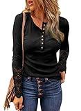 BTFBM Women Long Sleeve Shirts Solid Button V Neck Lace Sleeves Slim Fit Casual Fall Shirts 2024(Lace Black, XX-Large)