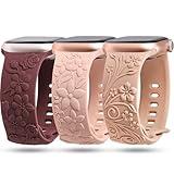 TOYOUTHS 3 Pack 3D Floral Engraved Bands Compatible with Apple Watch Bands 42mm 41mm 40mm 38mm Women, Soft Silicone Embossed Cute Flower Dressy Fancy Straps for iWatch Series 10/9/SE/8/7/6/5/4/3/2/1