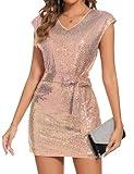 V Neck Sequin Dress for Womens Club Night Out Dresses Sexy Cap Sleeve Plus Size Bodycon Dress for Holiday Party Color Pink XX-Large