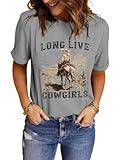 LINDOCITA Long Live Cowgirls Womens Western Graphic Shirts Teen Girls Cowboys Cute Summer Loose Short Sleeve Tshirt Tees Grey M