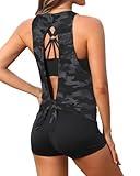 Aqua Eve 3 Piece Tankini Swimsuit for Women Tank Bathing Suit with Shorts Open Back Athletic Swimwear Camo S